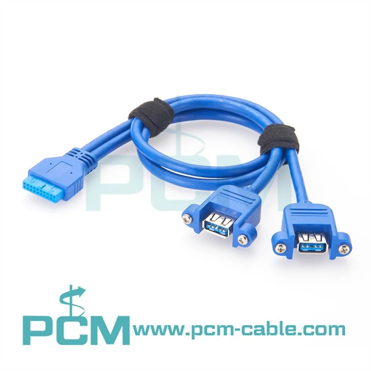 USB 3.0 2-Port Panel Mount Adapter, 20-Pin Motherboard IDC to 2x USB Type-A Female