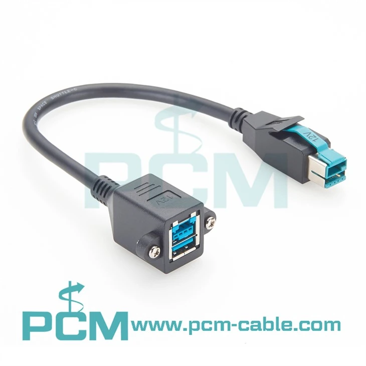 12V Powered USB Panel Mount Extension Cable 0.3m Female M3 Screw Lock POS & RP5700